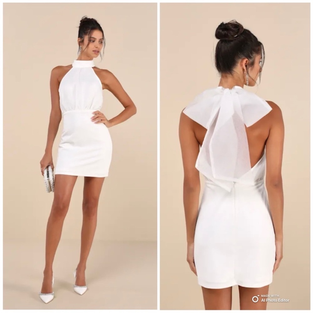 NWT Lulus Simply Magnificent White Halter Backless Bow Mini Dress Large Bride